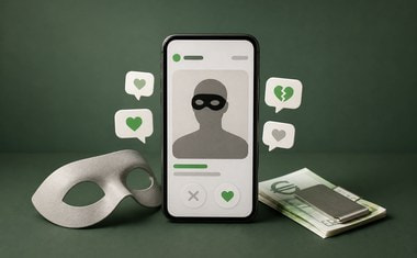 Smartphone met een nep-datingprofiel, een masker en eurobiljetten, als symbool voor datingfraude