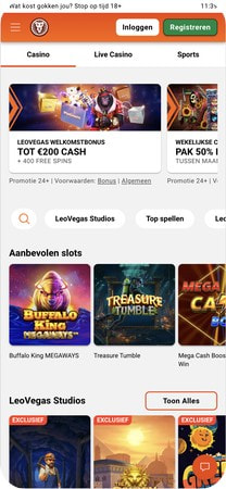 LeoVegas mobiele casino lobby met aanbevolen slots