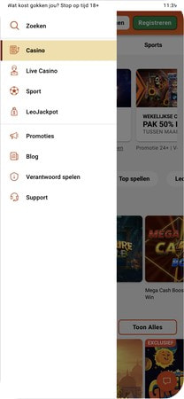 LeoVegas mobiel navigatiemenu met casino, live casino en sportsbook
