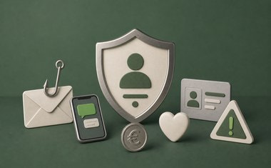 Schild omringd door symbolen van verschillende soorten online oplichting, zoals phishing, WhatsApp-fraude en identiteitsfraude
